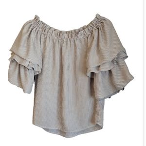 BIANNI BINI Striped Black-White Blouse With Open Showders Elastic Size Small